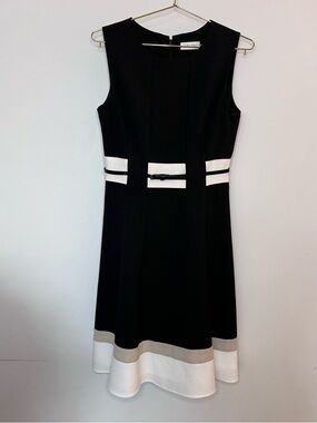 Calvin Klein Black Fit & Flare Dress with White Waist Panels and Belt